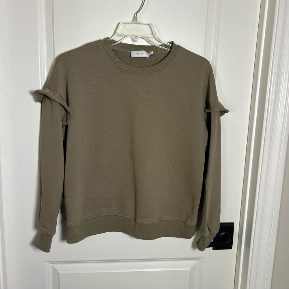 Greylin Women's L Taupe Brown Ruffle Shoulder Sweatshirt Long Sleeve 100% Cotton